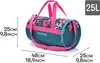 A studio shot of a duffel bag with floral print and pink accents, with dimensions indicated by lines and text. Podgląd zdjęcia produktu