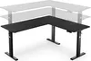 A black L-shaped standing desk is shown against a white background. The desk is depicted in its lowered position, with ghosted images of it in higher positions above. Náhled obrázku produktu