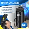 A modern sensor trash can with its features highlighted, shown in a kitchen-like setting. Produktbild-Vorschau