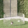 A rabbit is inside a white metal playpen on a grassy lawn, with a green wall and a decorative screen in the background. Náhled obrázku produktu