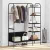 A clothing rack with shelves displaying various items like coats, bags, boxes, and shoes. Náhled obrázku produktu