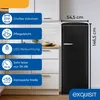 A black retro-style refrigerator is shown in a kitchen setting, with feature callouts on the left. Produktbild-Vorschau