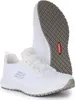 A pair of white Skechers women's slip-on sneakers is shown against a white background. One shoe is upright, displaying the front and side, while the other is placed behind it, showing its sole. Anteprima dell’immagine prodotto
