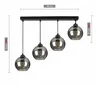 A black linear chandelier with four smoked glass globe shades, with dimensions indicated. Náhled obrázku produktu