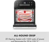 An open air fryer with glowing heating elements and arrows indicating air circulation, with descriptive text below. Produktbild-Vorschau