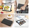 Collage of four images showing a tablet case in different settings, including a kitchen, being held by a person, on a wooden table with coffee, and on a bed. Náhľad obrázku produktu