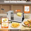 A stainless steel spiral cutter is shown on a countertop, with a potato being cut into spirals. There are also images of potatoes, potato slices, and potato chips. Podgląd zdjęcia produktu