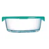 A clear, studio shot of a round glass food storage container with a green lid, presented on a white background. Produktbild-Vorschau