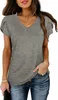 ASKSA Damen V-Ausschnitt Kurzarm T-Shirt Blütenblatt Ärmel Produktbild-Vorschau 2