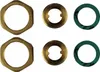 Two sets of plumbing fittings, each consisting of a hexagonal nut, a smaller circular fitting, and a green gasket, arranged in two rows. Produktbild-Vorschau