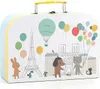 A whimsical illustration of Paris landmarks and cartoon animals on a suitcase. Produktbild-Vorschau