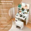 A white vanity table with a mirror and stool, featuring various makeup and skincare products. Text overlays highlight storage features. Voir les images du produit