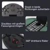 Collage of images showing different parts of a robot vacuum cleaner, with German text descriptions. Produktbild-Vorschau