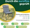 A chair is shown in a grassy outdoor setting, with text overlays indicating testing and usage scenarios. Produktbild-Vorschau