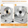 Two close-up images of a food slicer, illustrating operation and cleaning. Produktbild-Vorschau