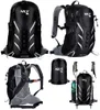 A collage of images showing a black backpack from different angles, including a close-up of its back, a folded version, and a backpack with accessories. Náhled obrázku produktu
