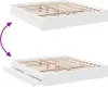 A white bed frame with drawers, shown in two states: closed and with drawers extended. Produktbild-Vorschau
