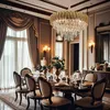 A luxurious dining room with a large table set for a meal, a grand chandelier, and elegant drapes. Produktbild-Vorschau