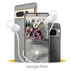 A Google Pixel phone is shown with earbuds and another phone in the background, displaying a music player interface. Produktbild-Vorschau