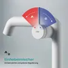 A close-up of a white faucet with a diagram indicating hot and cold water control. Produktbild-Vorschau