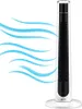 A white and black tower fan with blue wavy lines indicating airflow on a white background. Produktbild-Vorschau