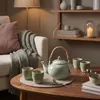 Thee-set van keramiek met theepot en 4 kopjes – lichtgroen, Productafbeelding-voorbeeld 2