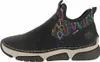 A side view of a black Rieker women's ankle boot with a colorful balloon pattern on the elastic ankle insert. Voir les images du produit
