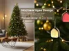 A split image showing a decorated Christmas tree in a living room on the left and a close-up of Christmas tree ornaments on the right. Produktbild-Vorschau