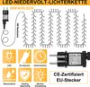 Diagram showing a 50M 400LED string light with a power adapter and various feature icons. Produktbild-Vorschau