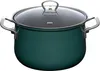 A teal colored pot with a glass lid and silver handles, set against a white background. Produktbild-Vorschau