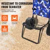 A beach cart with a camouflage pattern is shown on a sandy surface, with text overlays highlighting its features. Podgląd zdjęcia produktu