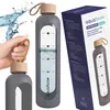 A collage showing a glass water bottle with a silicone sleeve and bamboo lid, a hand holding the bottle, and the product packaging. Náhľad obrázku produktu
