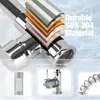 A close-up illustration of a faucet with layered materials and three feature callouts at the bottom. Produktbild-Vorschau
