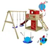 A wooden playground set with a swing set, slide, and climbing tower, presented on a white background with illustrative elements. Produktbild-Vorschau