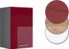 A red high-gloss cabinet with a gray side, next to three circular swatches showing material options. Anteprima dell’immagine prodotto