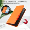 A close-up marketing image of an orange phone case, showing its magnetic closure and a diagram illustrating magnetic adsorption. A small inset shows the inside of the case with card slots. Náhled obrázku produktu