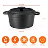 A black cast iron pot with a lid, shown with dimensions and compatibility icons. Anteprima dell’immagine prodotto