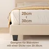 Close-up of a bed frame with text overlay indicating mattress thickness compatibility. Náhled obrázku produktu