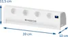 A white heater with dimensions indicated by blue arrows and text. Produktbild-Vorschau