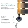 Close-up of an electric towel warmer heating element and control panel with text descriptions. Produktbild-Vorschau