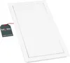A white rectangular revision door or access panel is shown against a white background. A dark gray tag with red string is attached to the left side of the product. Produktbild-Vorschau