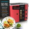 A red Arendo toaster with a touch panel is displayed, alongside a plate of prepared toast with salmon and cucumber, and a small bowl of sprouts. The toaster features a digital display and icons indicating different functions. Anteprima dell’immagine prodotto
