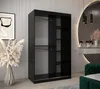 A modern bedroom or dressing area with a large black wardrobe, a decorative mirror, and a vanity. Produktbild-Vorschau