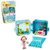 A collage showing a Lego Friends Stephanie's Summer Cube toy set, including the packaging, the opened cube with miniature scenes, and a minifigure. Anteprima dell’immagine prodotto