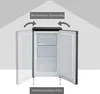An open freezer with text overlays indicating features. Produktbild-Vorschau