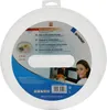 A white circular microwave cover packaging with product information and a woman smiling in the background. Produktbild-Vorschau