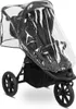 A black sport stroller covered with a clear plastic rain cover. Voir les images du produit