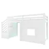 A white loft bed with stairs and a window. Produktbild-Vorschau