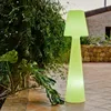 A tall, cone-shaped floor lamp with a green glow stands on a tiled patio next to lush green foliage and a stone wall. Anteprima dell’immagine prodotto