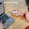 A person's hand is using a white ergonomic mouse connected to a laptop on a wooden desk. Anteprima dell’immagine prodotto